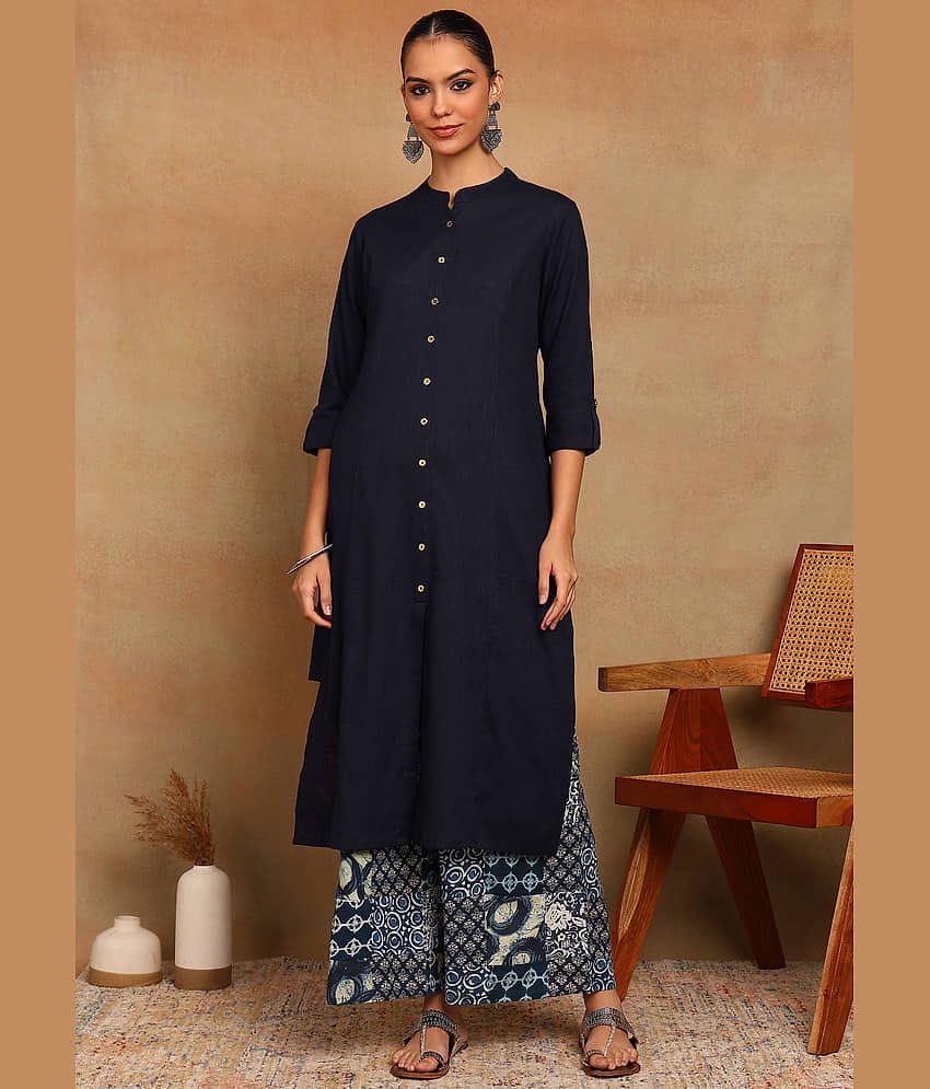 Yash Gallery Women Cotton Solid Straight Kurti With Palazzo ( Blue )