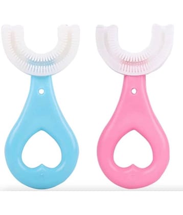 Professional Silicone Tooth Brush for Kids, U Shaped Baby Tooth Brush with 360 Degree Soft Bristles for Cleaning, Suitable for 2-6 years, Easy to hold, Pack of 2 (Blue & Pink)