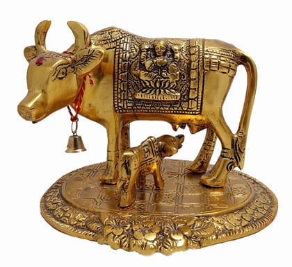 DreamKraft Metal Gold Elegant Kamdhenu Cow and Calf Statue for Home Decor(16x12x11 cm, 440 gm)