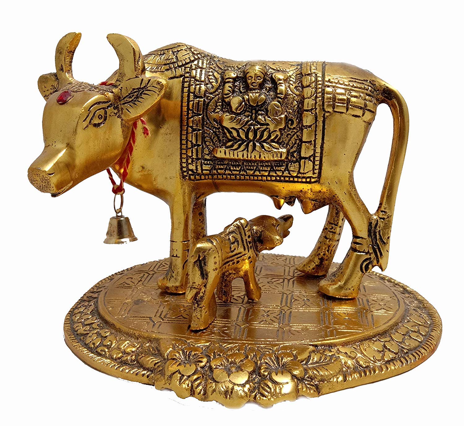 DreamKraft Metal Gold Elegant Kamdhenu Cow and Calf Statue for Home Decor(16x12x11 cm, 440 gm)
