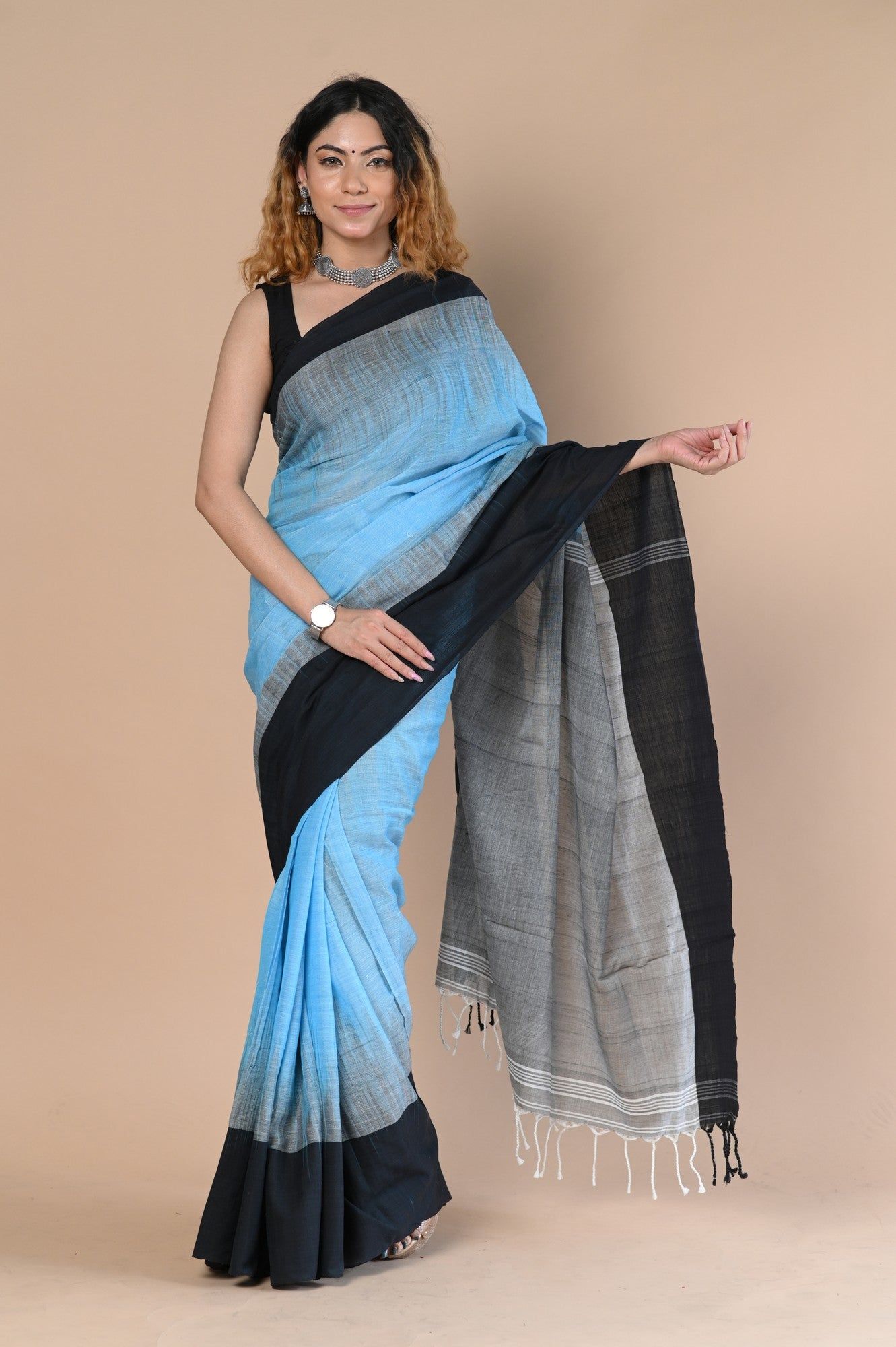 Handloom Pure Cotton Saree With Handwoven Buttis ~ Blue
