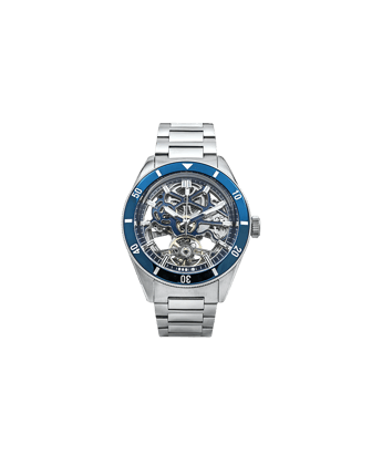 Qorum Equinox Men’s Automatic Skeleton Watch – Steel Finish Dial, Blue Bezel, Stainless Steel Strap
