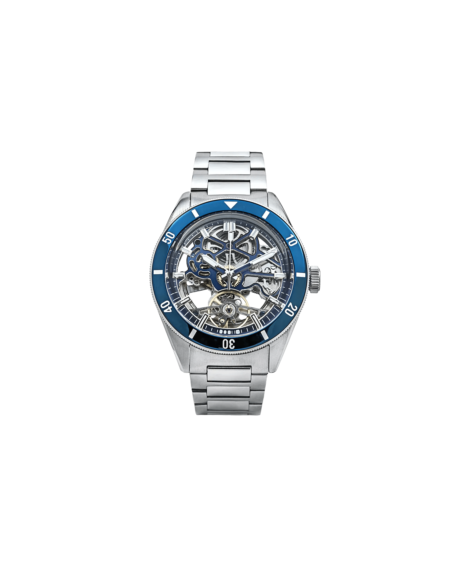 Qorum Equinox Men’s Automatic Skeleton Watch – Steel Finish Dial, Blue Bezel, Stainless Steel Strap