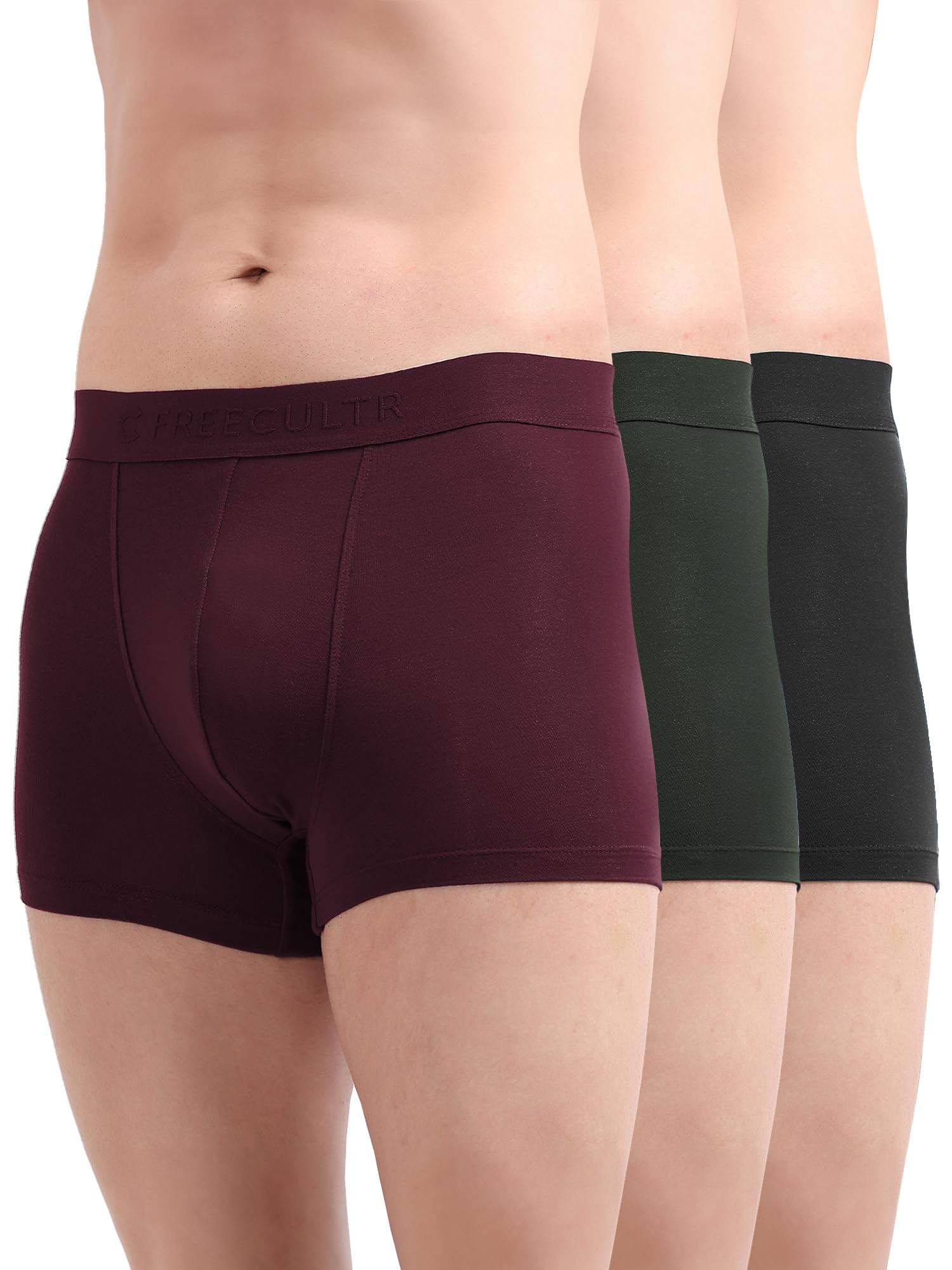 FREECULTR Men's Underwear Anti Bacterial Micromodal Airsoft Trunk - Non Itch No Chaffing Sweat Proof -  Pack of 3-Sable Black,Port Wine,Avocado Green