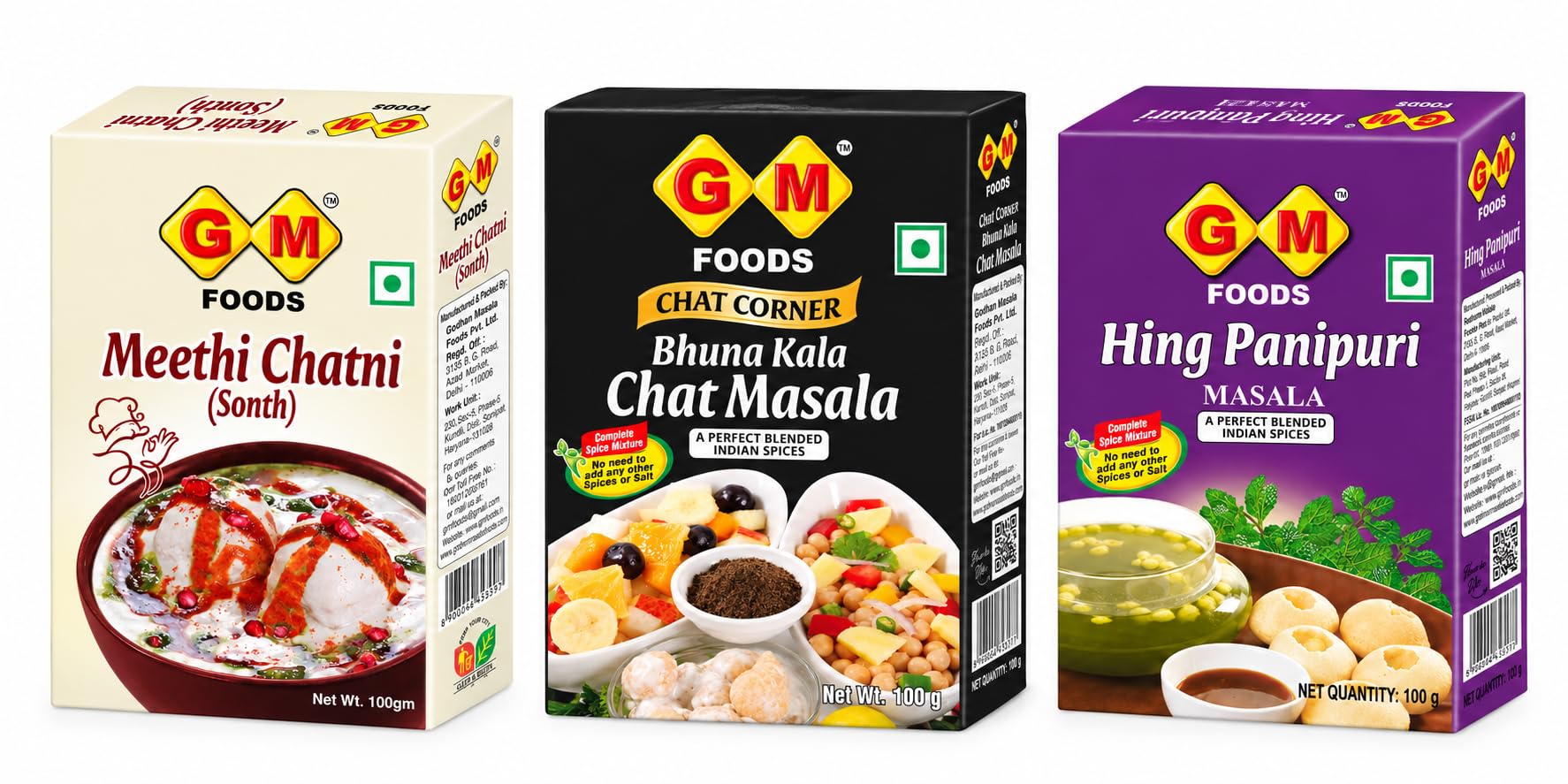 GM Foods Chaat Stall Mini Kit Combo – Hing Pani Puri Masala, Meethi Sonth & Bhuna Kala Chaat Masala | 300g Street Food Essentials