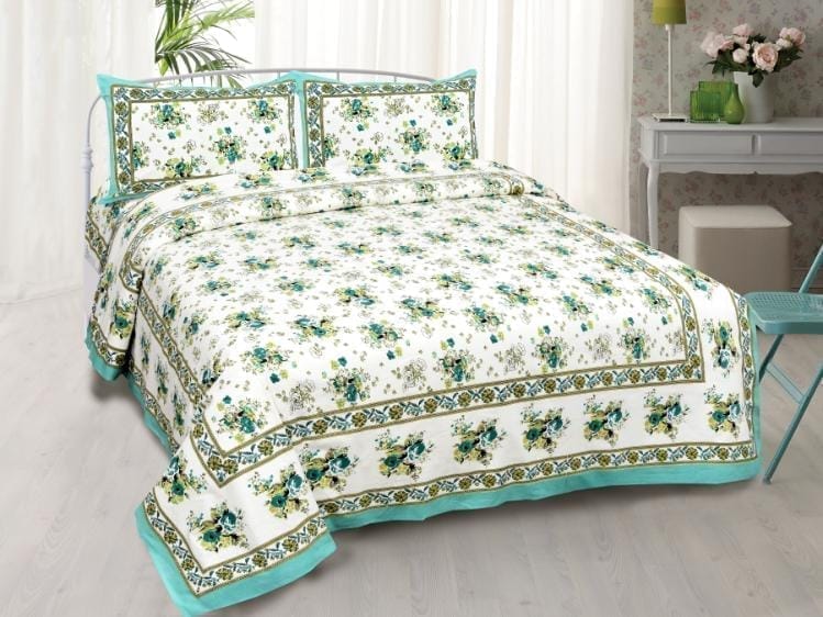3001-Hometrade India-Standard King Size (90*108 Inches)-Pure Cotton Jaipuri Double Bedsheet With Matching Pillow Cover