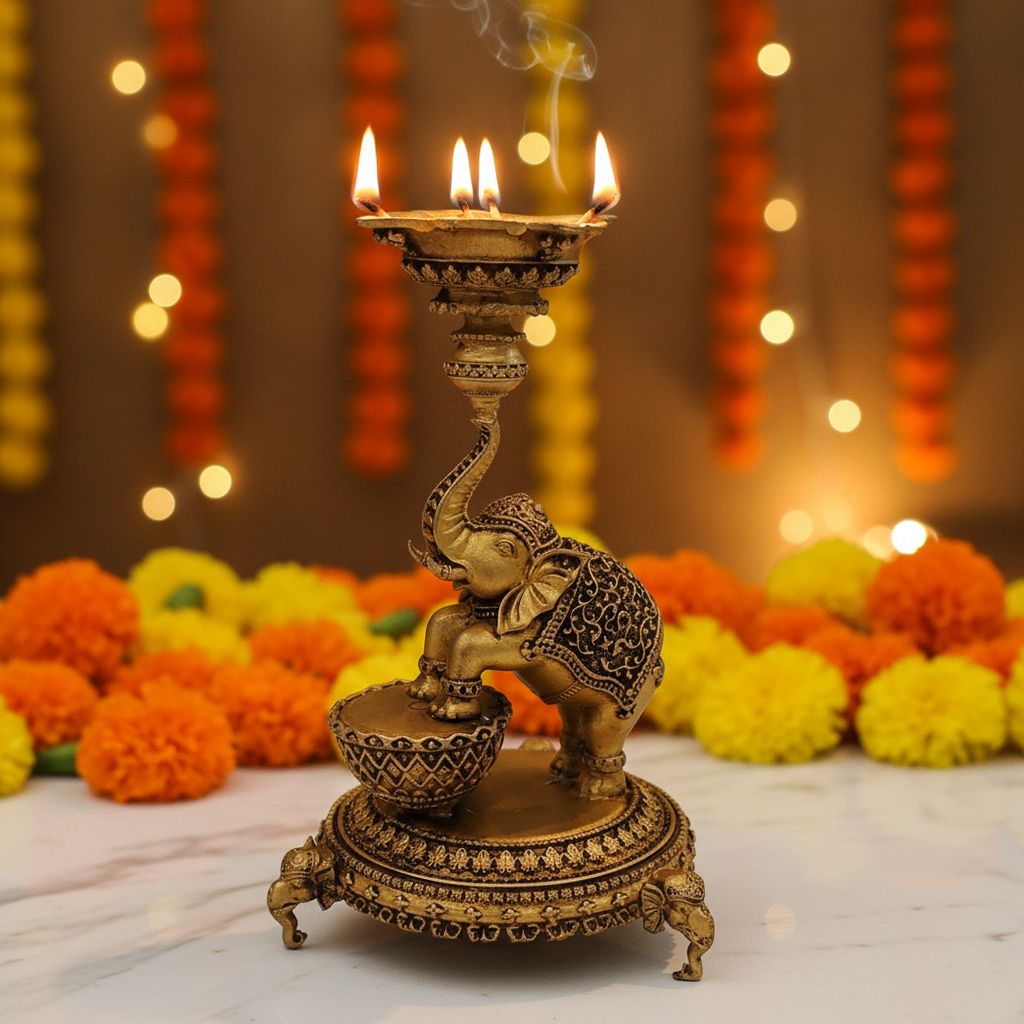 Brass Elephant Deepak | Decorative Elephant Oil Lamp, Height : 6 Inch (BSMAS1912 D)