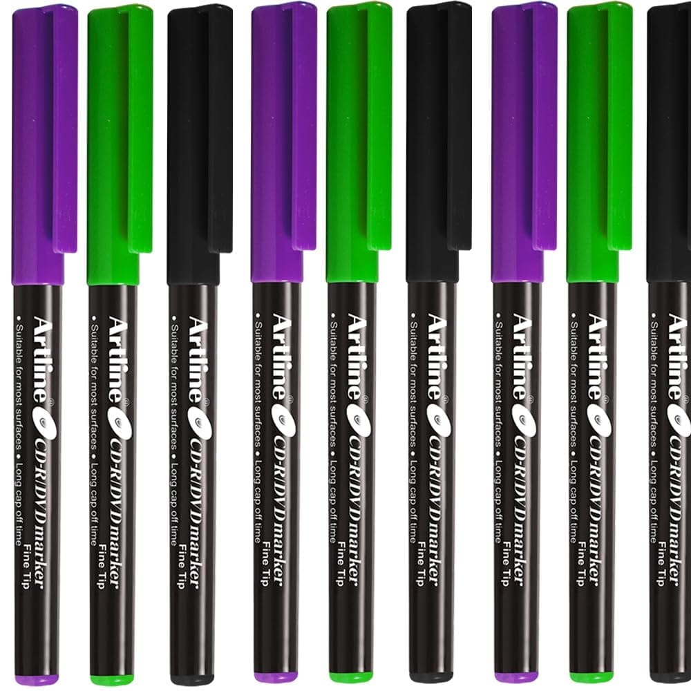Artline CDR/DVD Marker Black Pack of 10 X 2 Packs, Green Pack of 10 X 2 Packs, Purple Pack of 10 X 1 Packs (50 DVD's Markers) | On Multiple Surface: Metal, Plastic/OHP, Glass/Porcelain & Carton