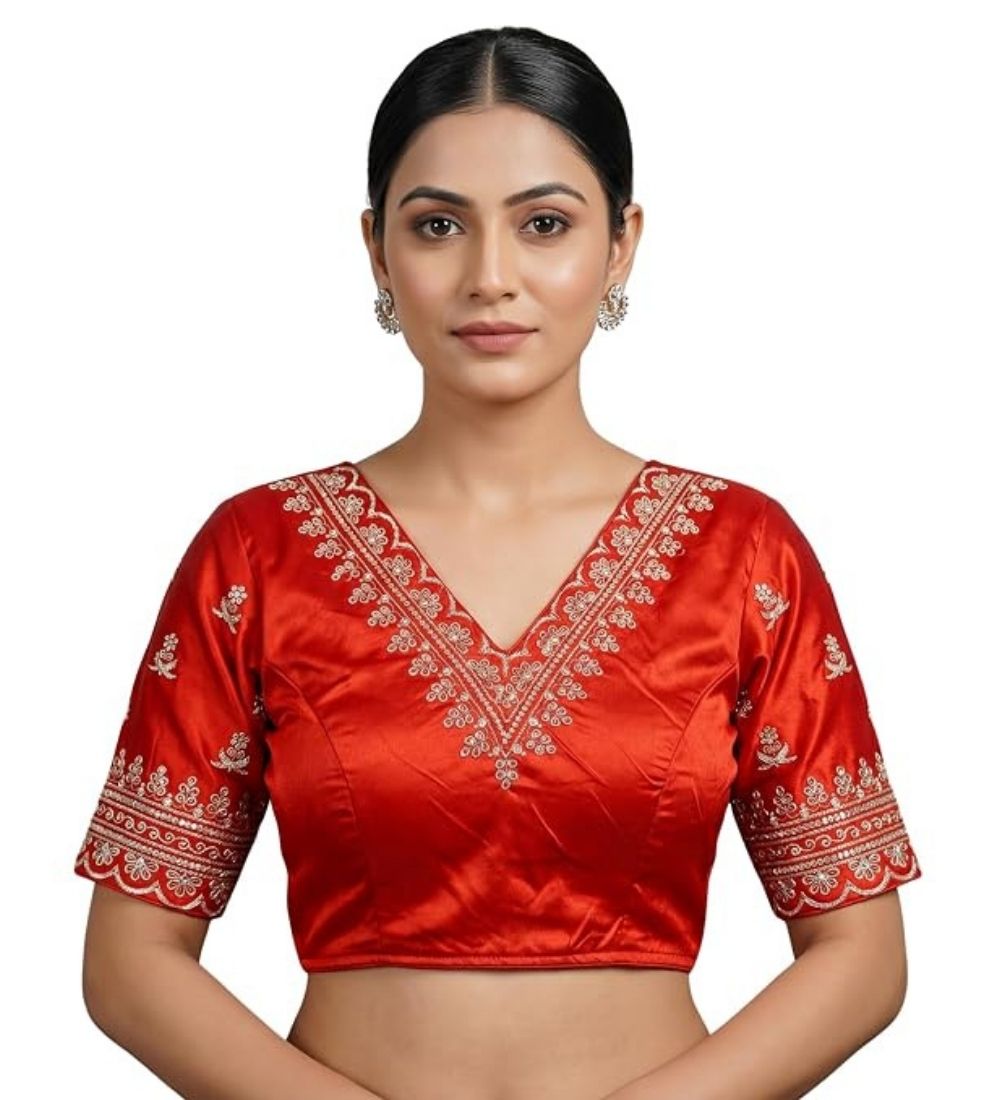 Women's Satin Embroidered Half sleeve V-Neck Padded Readymade Blouse (Red, Size 38 - Self-Alterable 36–40)