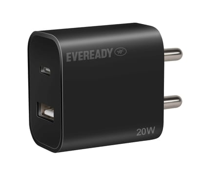 Eveready 20W USB Type C Fast Charger with Dual Device Charging Compatibility,Compact & Travel-Friendly Design,Complete Protection Against Overvoltage & Overload at Output,Universal Compatibility,Black Black