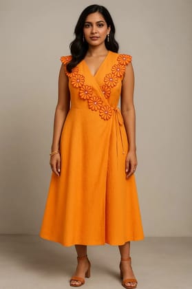 Orange Floral Cutwork Seersucker Dress