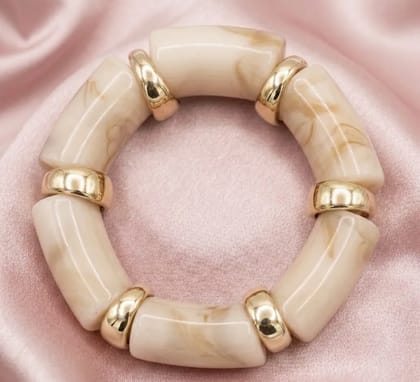 Vardaan Crystalx Women's Anti-Tarnish Bracelet (Kada), Chunky beige marble beads with gold spacers  bold, elegant stretch bracelet. Hypoallergenic, Skin Safe, Sweat & Water Proof. Every day wear.