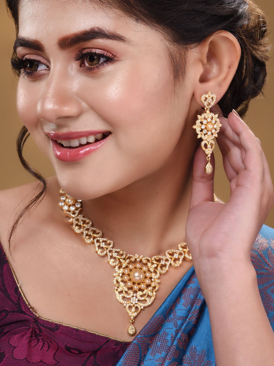 Gold Plated Designer Necklace Gold Pearl drops Earrings Set