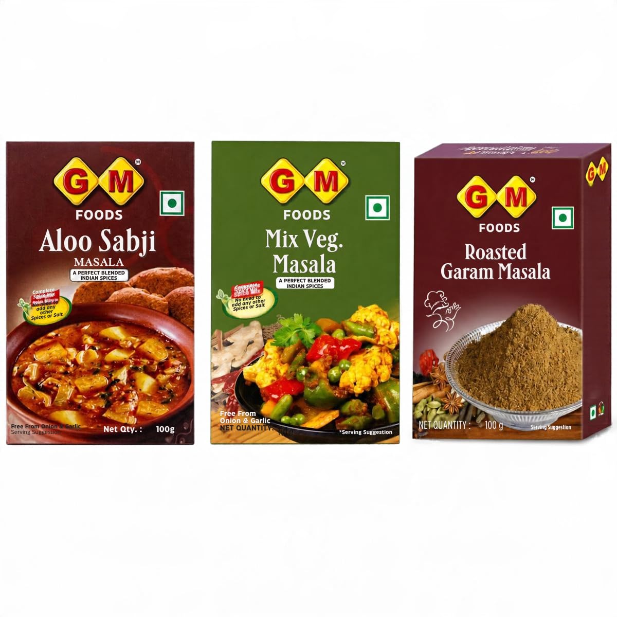 GM Foods Everyday Sabji Combo Pack of 3 | Aloo Sabji, Mix Veg & Roasted Garam Masala | Authentic Indian Spices for Daily Cooking | 300g (3 x 100g)