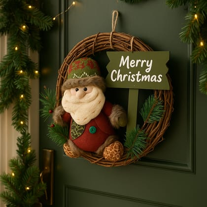 Coral Tree Rustic “Merry Christmas” Wreath with Santa Figurine – 38 cm Vine Ring with Wooden Sign & Pine Accents for Door and Wall Decoration
