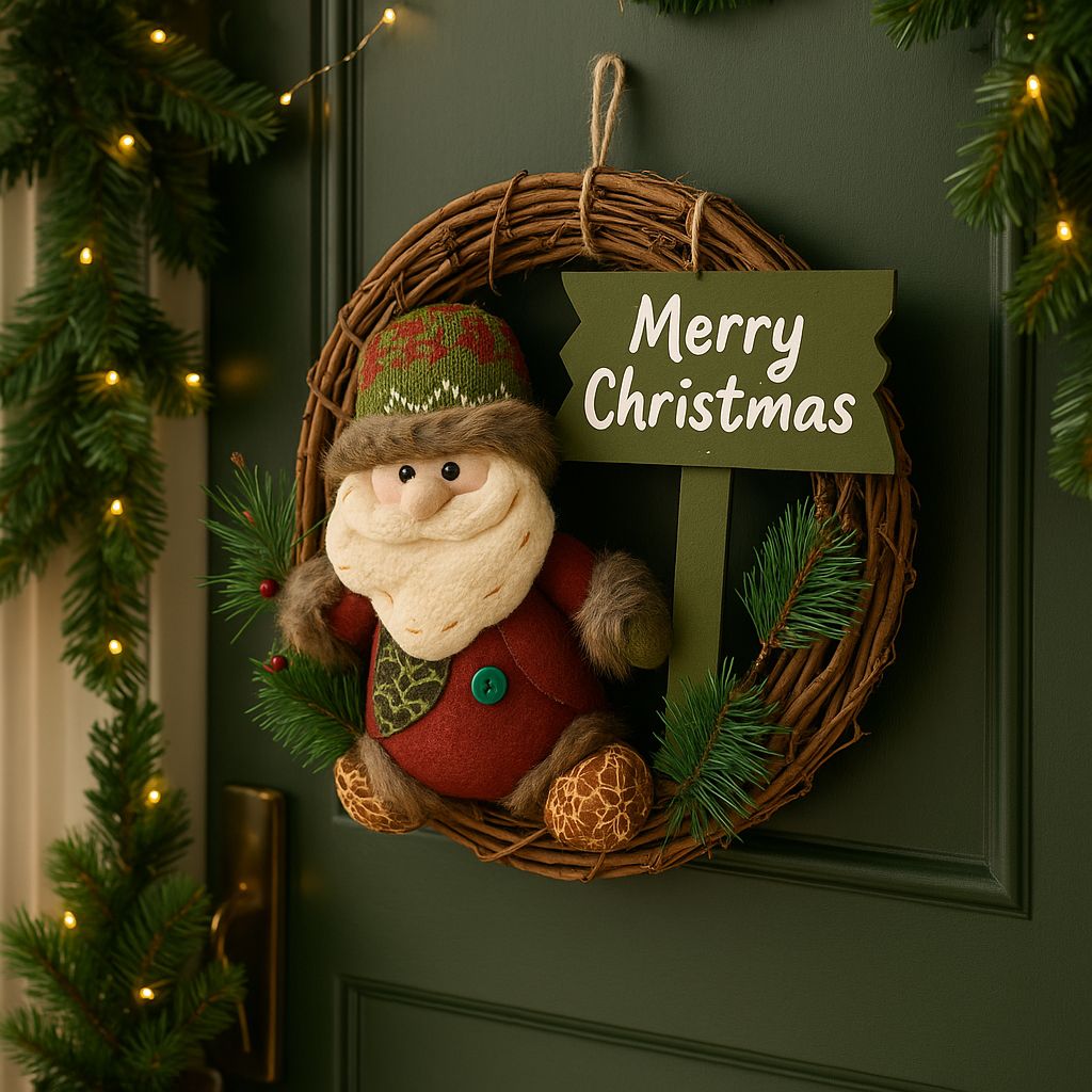 Coral Tree Rustic “Merry Christmas” Wreath with Santa Figurine – 38 cm Vine Ring with Wooden Sign & Pine Accents for Door and Wall Decoration