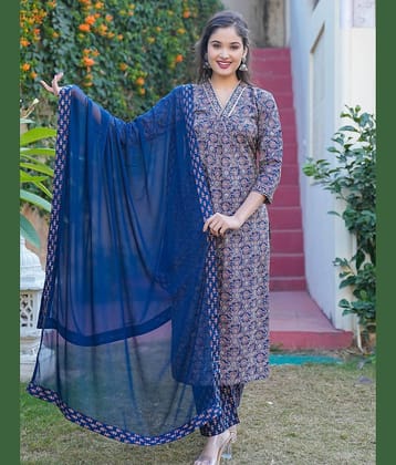 Vbuyz Cotton Printed Kurti With Palazzo Women's Stitched Salwar Suit - Blue ( Pack of 1 )