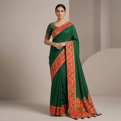 Green And Red Satin Silk Ethnic Saree For Women