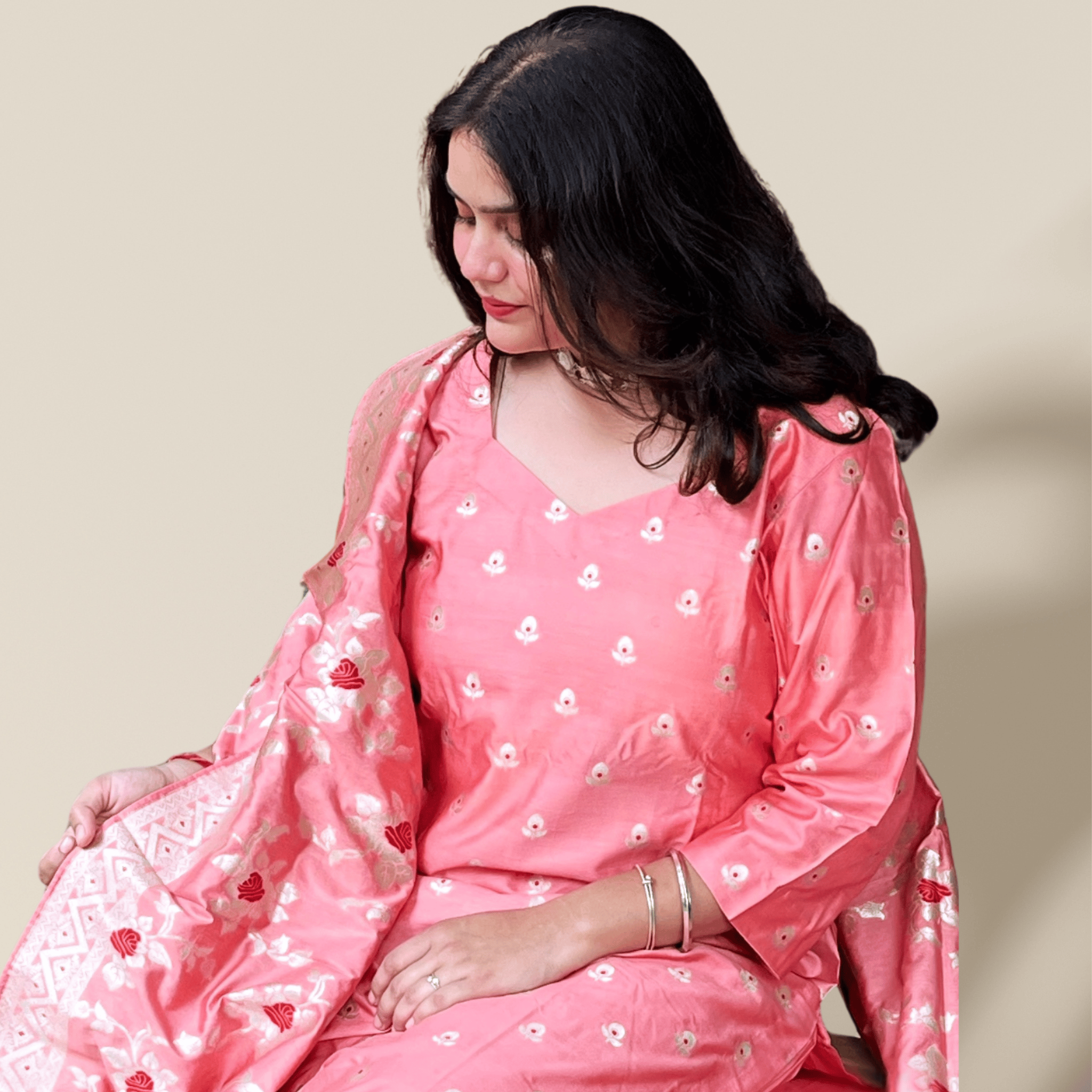 Coral Pink Banarasi Silk Kurta Set with Dupatta for Women | Elegant Festive & Wedding Wear