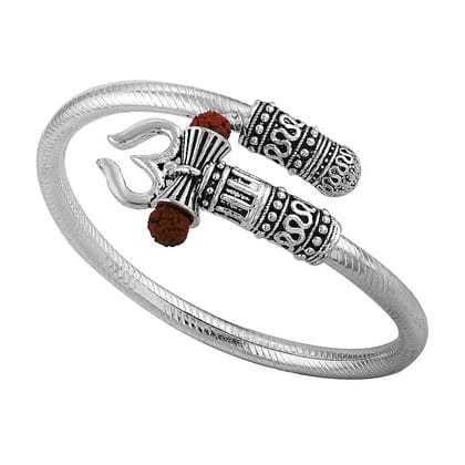 Nawani Designer Silver Oxidized Shiva Trishul Rudraksha Damroo Kada Bracelet Bangle for Men and Boys