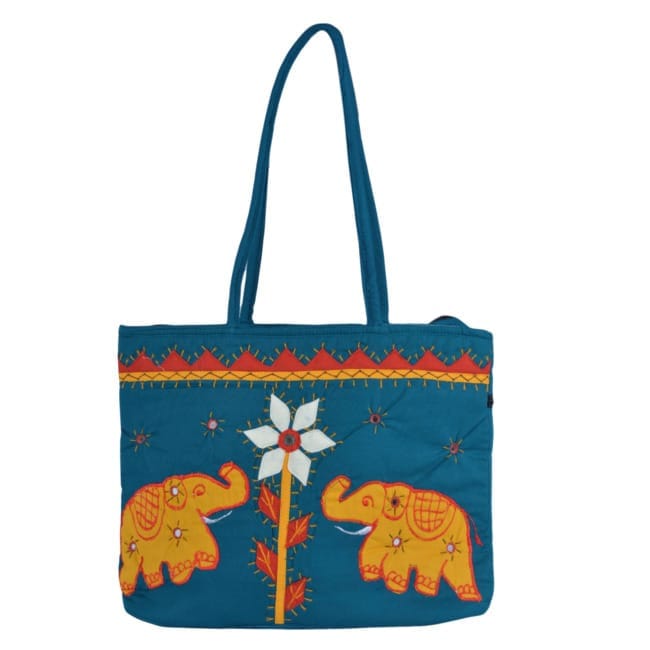 Tribes India Handmade Elephant Design Handbag for Women Lux Green & Yellow Color