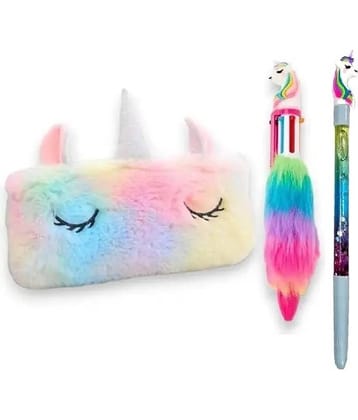 ECLET Unicorn Combo of 3 Plush Pencil Case Unicorn Pencil Bag with Unicorn Glitter Pen and Fur Pen Faux Fur Pencil Pouch Handbag Unicorn Coin Purse Cute for Girls Kids Children Art Canvas Pencil Box  (Set of 3, Multicolor)