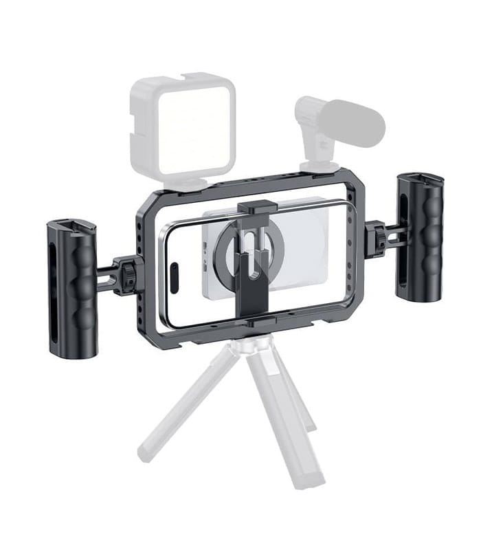 FND PHOTOMAA Upgraded Phone Cage Rig Vlogging Kit Video Stabilizer with Dual Handle Video Shooting Filmmaking Hand Grip Bracket Holder Compatible with All Smart Phone and Pro Max, Dual Mount