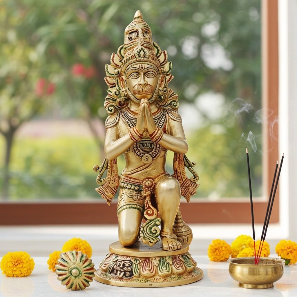 Brass Hanuman Ji Murti Idol - Home Temple Showpiece, Height : 12.5 Inch (BSMAS1424 H)