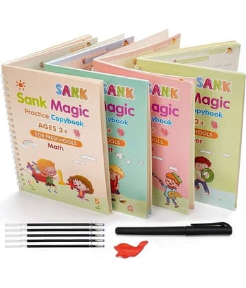 Magic Book for Kids, Sank Magic Practice Copybook, (4 Book+10 Refill+1 Pen+1 Grip) Number Tracing Book for Pre-Schoolers with Pen, Magic Calligraphy Copybook Set Writing Tool for Kids