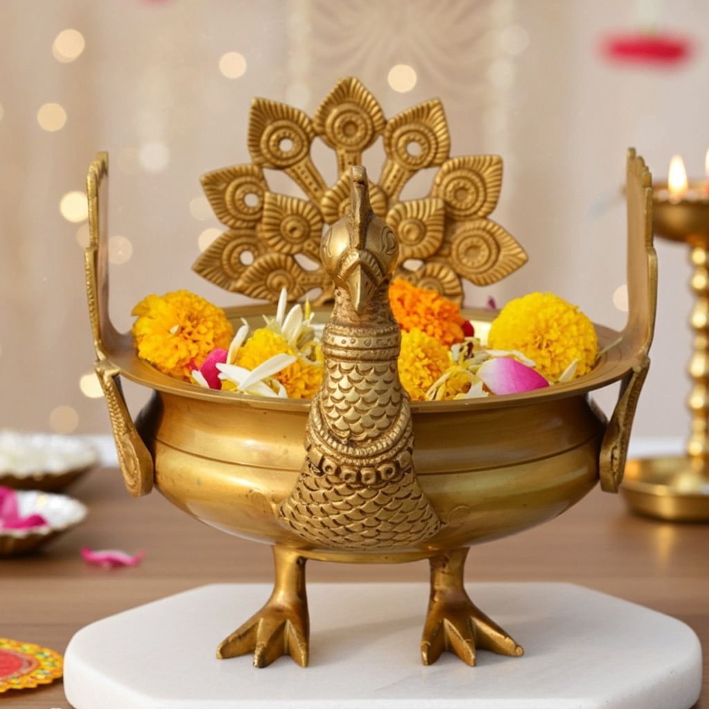 Brass Flower Urli with Peacock - Beautiful Decorative Bowl, Diameter : 8 Inch (BSMAS1156 A)