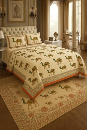 DHRUVINSRI Heritage Camel Print Cotton King Bedsheet with 2 Covers