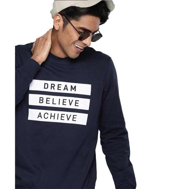 Men's Casual Printed Fleece Round Neck T-Shirt (Dark Blue, L)-PID47743
