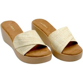 Lazera Beige Wedge Sandals for Women Cross Strap Slip On Comfort Slides