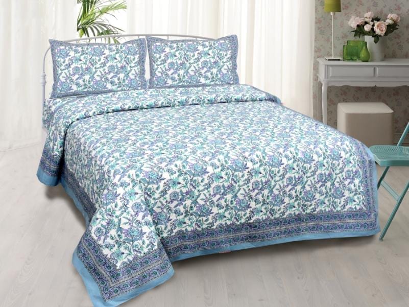 3001-Hometrade India-Standard King Size (90*108 Inches)-Pure Cotton Jaipuri Double Bedsheet With Matching Pillow Cover