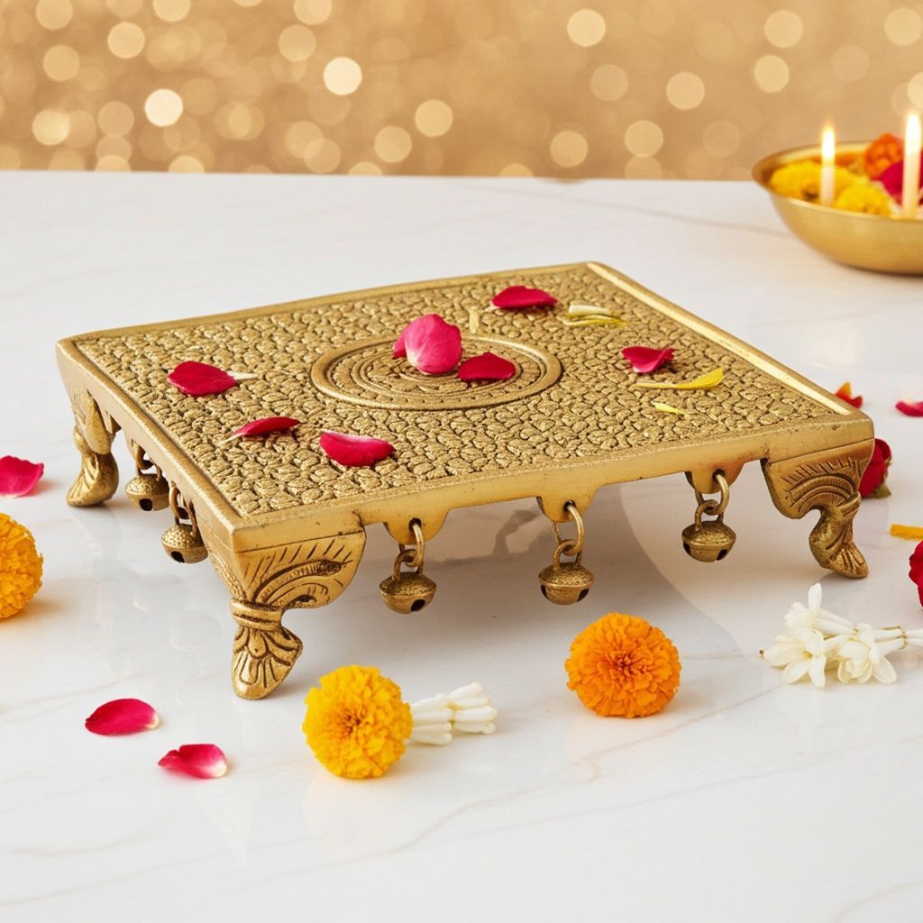 Brass Square Chowki God Idol Stand - Decorative Puja Showpiece, Length : 8 Inch (BSMAS1674 E)
