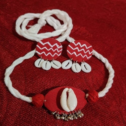 Red Kori Choker With Earrings Set