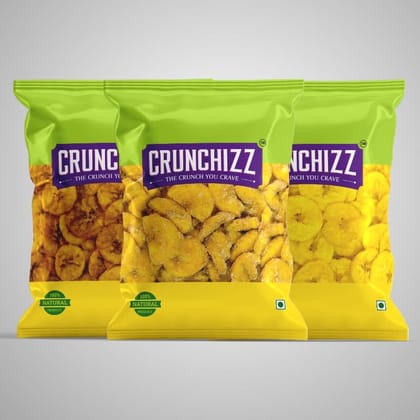 Crunchizz - 3 in 1 - BANANA CHIPS COMBO I Crunchy & Kerala Authentic I No Artificial Additives I Perfect Munchy Bites I Salty, Sweet & Jaggery Coated Banana Chips I 150 Grams Each I Total 450 Grams