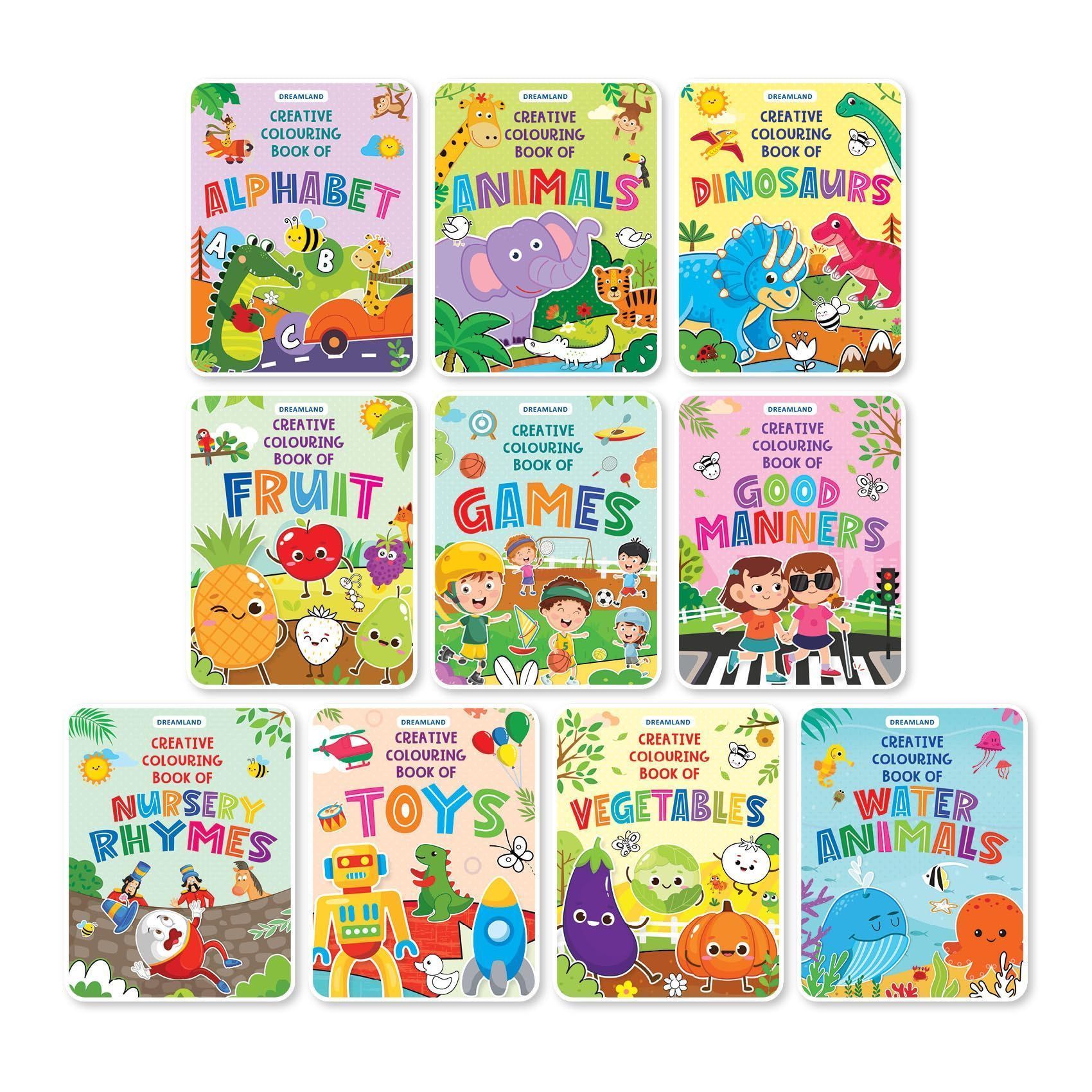 Creative Copy Colouring 10 Books Pack for Kids Age 1 -6 Years | 160 Pages Drawing and Painting Books | Alphabets, Vegetables, Fruits, Games, Toys, ... Water Animals, Good Manners, Nursery Rhymes [Paperback] Dreamland Publications
