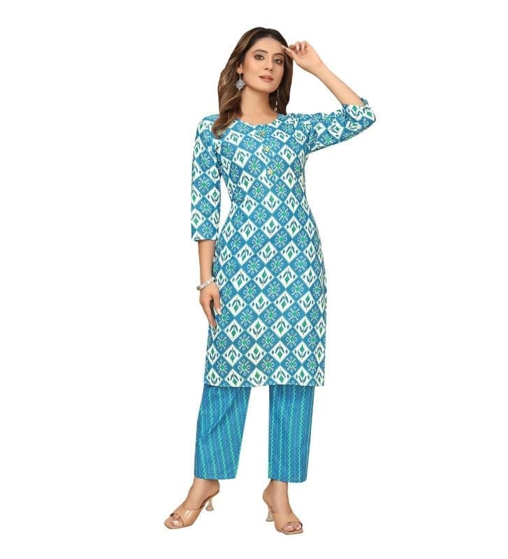 Women's Casual 3/4th Sleeve Printed Cotton Kurti Set (Blue, M)-PID46121