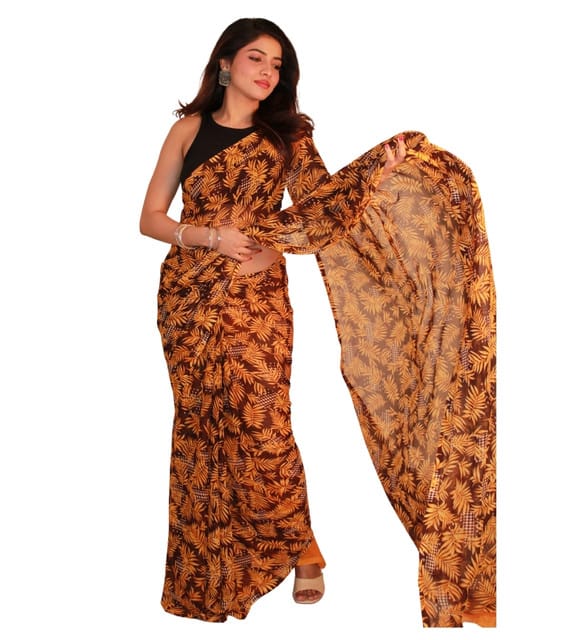 Generic Women's Georgette Printed Saree with Unstitched Blouse Piece, Soft Lightweight 5.5 m Sari for Daily, Office and Wear (Black-Yellow, Design 67568)