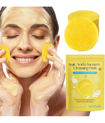 Kojic Acid and Turmeric Cleansing Pads, Turmearic Cleansing Pads with Vitamin B5, Vitamin C, Turmeric Pads Infused Foaming Exfoliating Pads, Turmeric Lemon Chamomile Pads for Face -60PCS (Pack of 1)