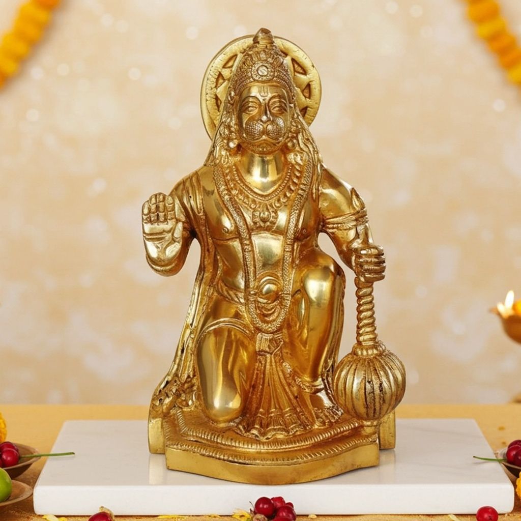 Brass Hanuman Ji Decorative Idol - Traditional Home Temple Murti, Height : 7 Inch (BSMAS1032 D)