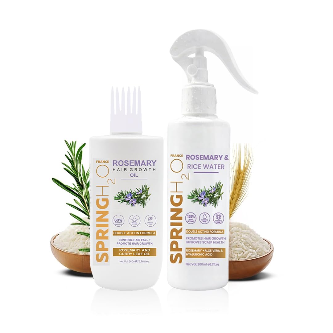 SPRING H2O Rosemary & Rice Water Spray and Rosemary Oil Combo for Hair Regrowth, Reduce Hair Fall, Strengthens Hair Roots & Strand, 400ml