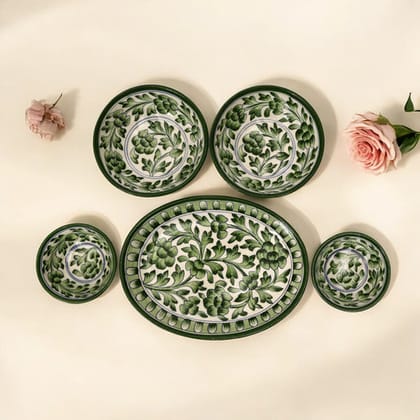 Blue pottery Green Floral Serving Set  Oval Platter & Bowls for Elegant Dining