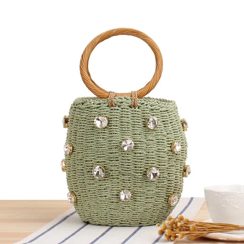 Round Rattan Straw Bucket Bags Bohemian Straw Bags Woven Summer Beach Diamonds Decoration Tote Handbag