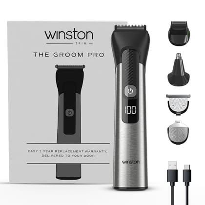 Winston Groom Pro 5 in 1 Grooming Set for Men with 14 Length Attachment Comb, Digital Display, Pedestal, Fast Charging Face, Ear, Nose, Beard, Body Hair Trimmer for Men Winston Groom Pro 5 in 1 Grooming Set for Men with 14 Length Attachment Comb, Digital
