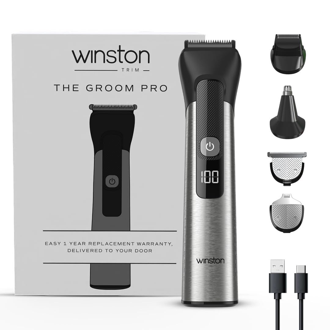 Winston Groom Pro 5 in 1 Grooming Set for Men with 14 Length Attachment Comb, Digital Display, Pedestal, Fast Charging Face, Ear, Nose, Beard, Body Hair Trimmer for Men Winston Groom Pro 5 in 1 Grooming Set for Men with 14 Length Attachment Comb, Digital
