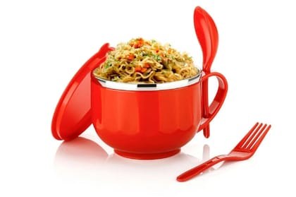 Stainless Steel Soup Bowl Maggi & Soup Bowl Plastic with Lid & Spoon Red