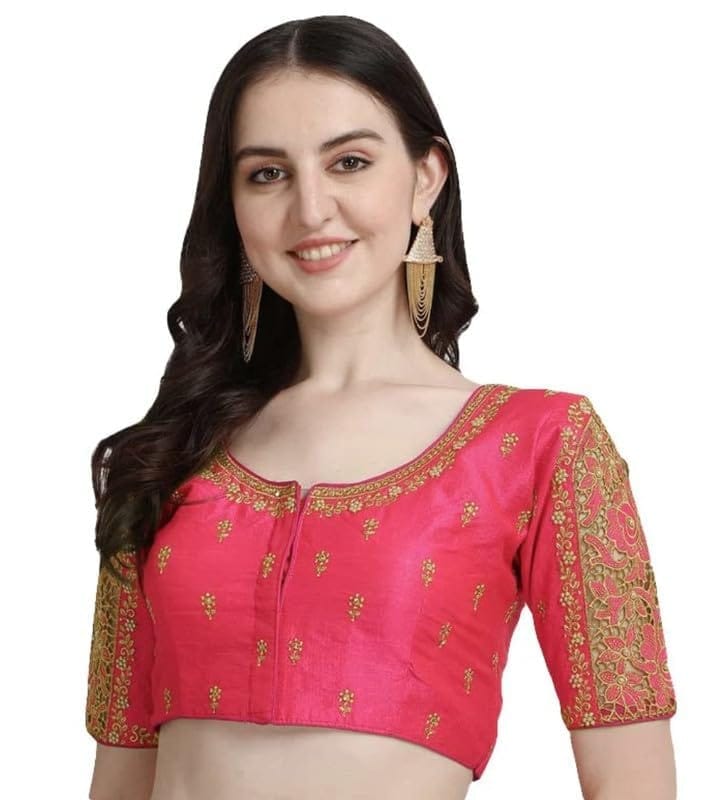 Women's Phantom Silk Woven Round Neck Short Sleeve Readymade Blouse (Peach, Free Size)-PID57713
