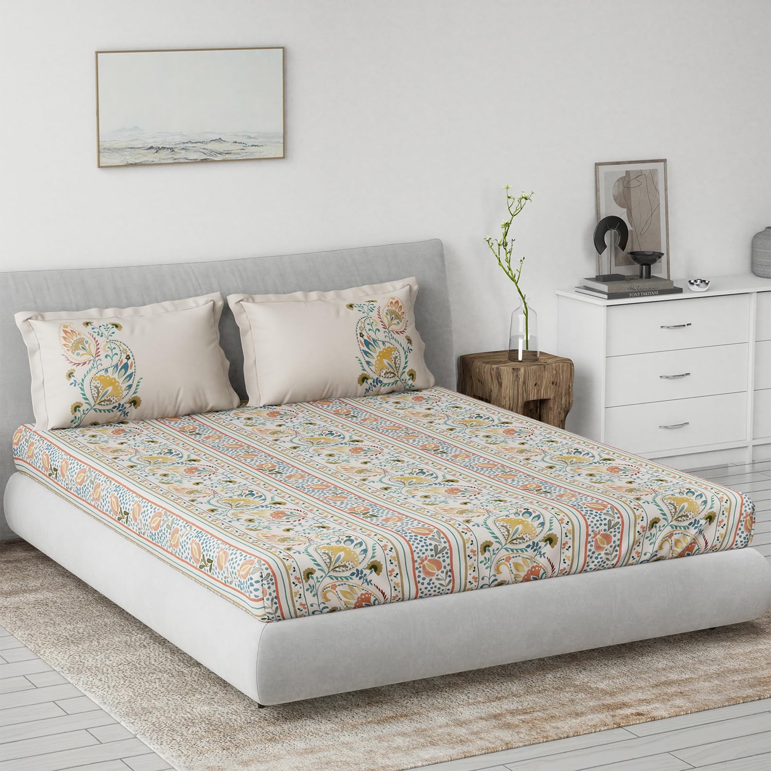 DDECOR - Primary Collection 100% Cotton Ethnic Pattern 145TC King Bedsheet |229 CM X 274 CM| Yellow